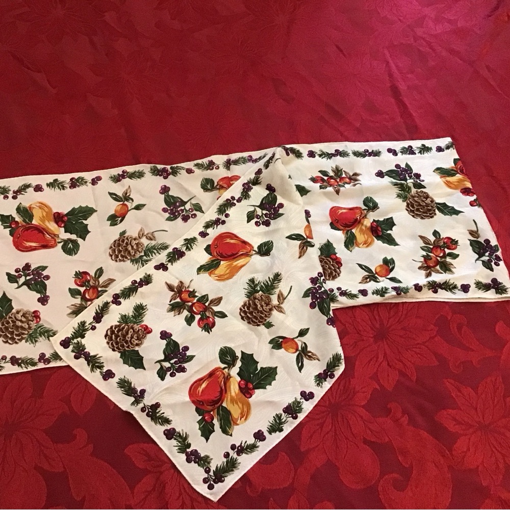 Vintage Scarf with Fruits and Pinecones on a White Paisley Background